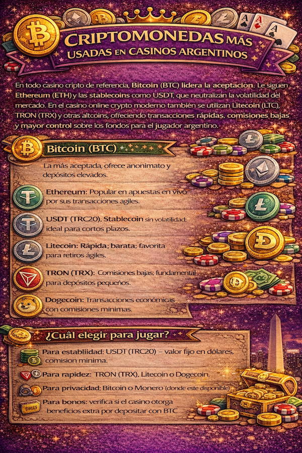 Criptomonedas más usadas en casinos argentinos